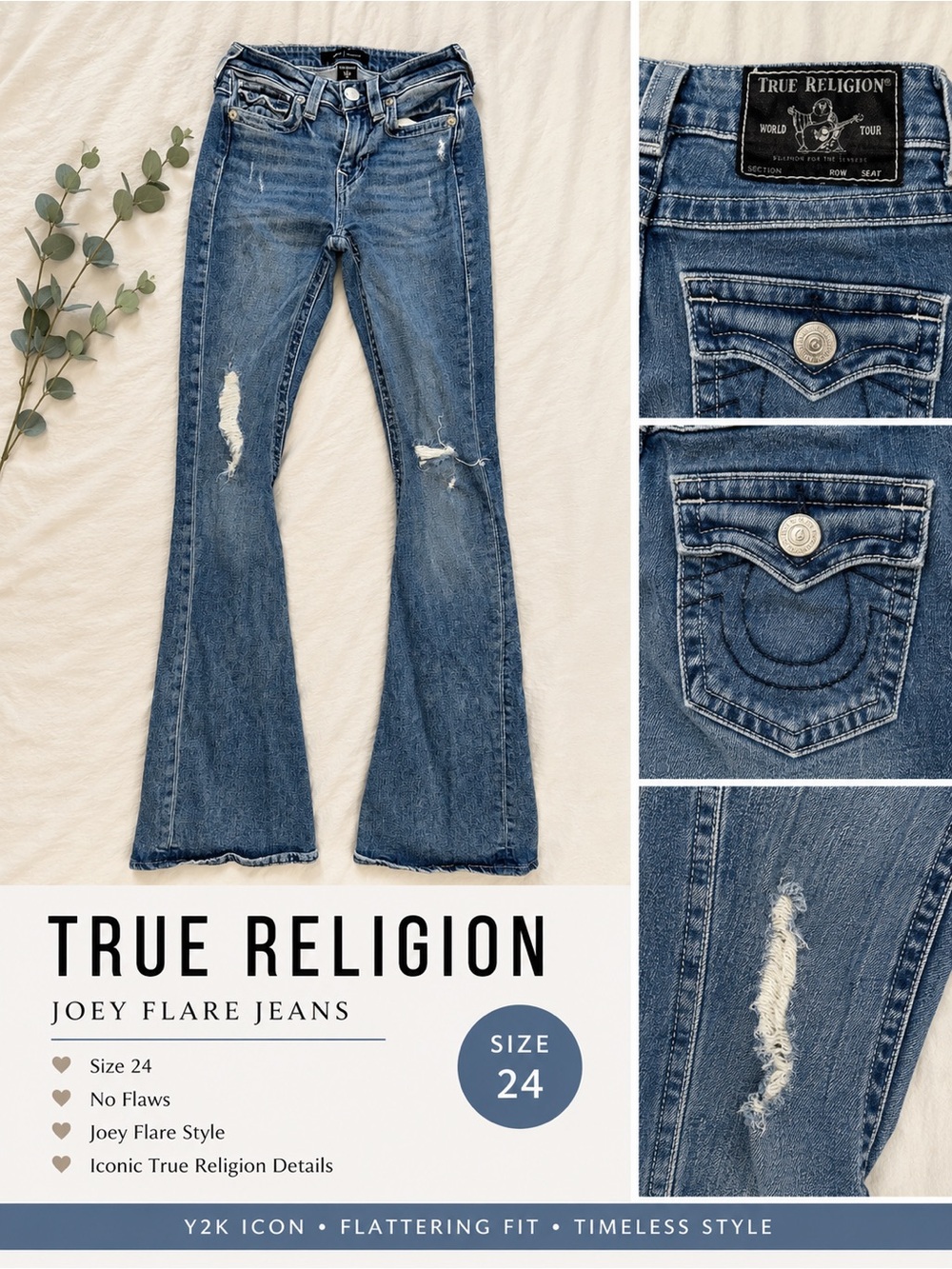 True Religion Joey Flare Jeans - Medium Blue Distressed